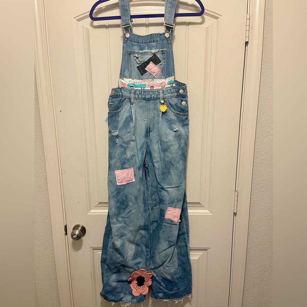 Distressed Denim Overalls with Pink Patches